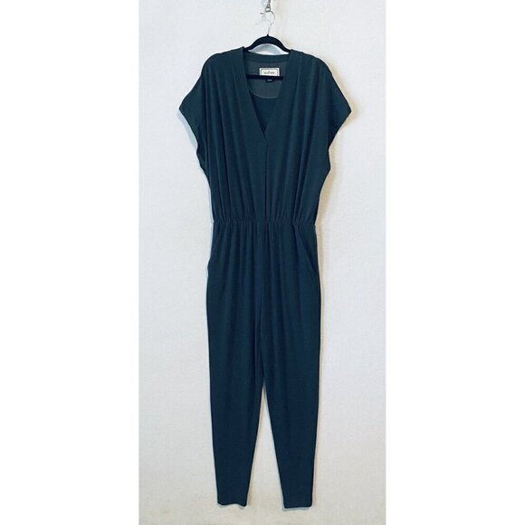 By Malene Birger Jumpsuit Womens Large Dark Green V Neck Pockets Crepe Silk Trim - Picture 1 of 6